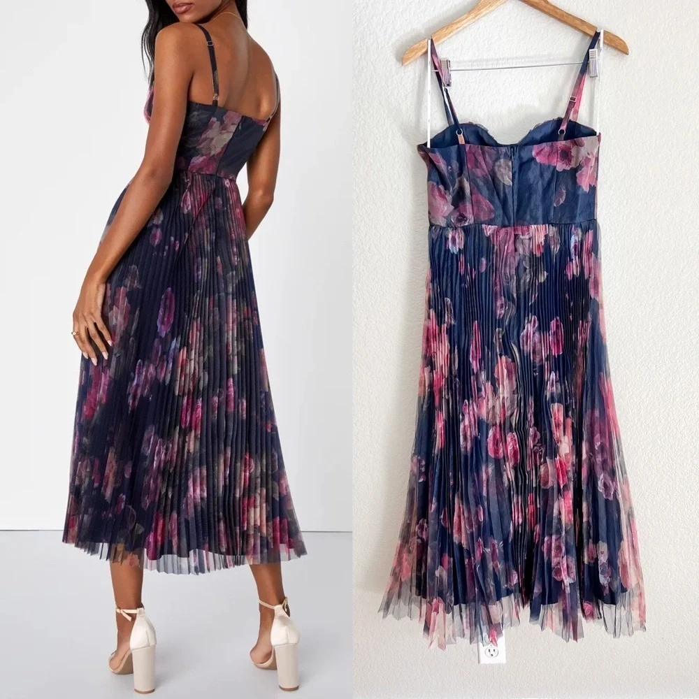 Alluring Invite Midnight Blue Floral Pleated Bustier Midi Dress - Picture 3 of 9